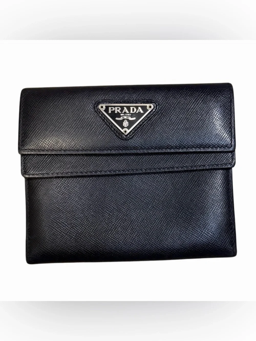 Prada Black Saffiano Leather Men's Snap Flap Wallet with Triangle Logo
